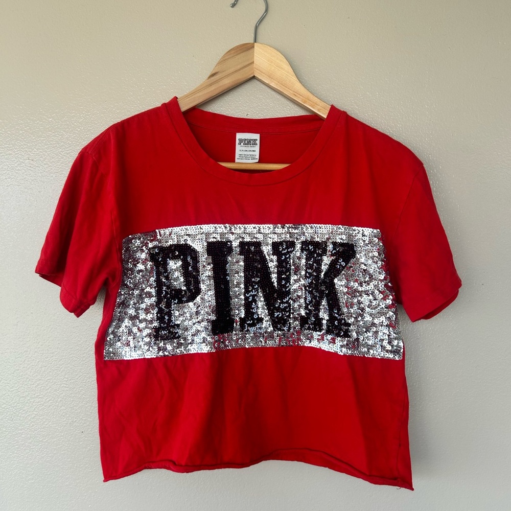 PINK Victoria's Secret Cropped Red Tee with Silver Sequins Size Small